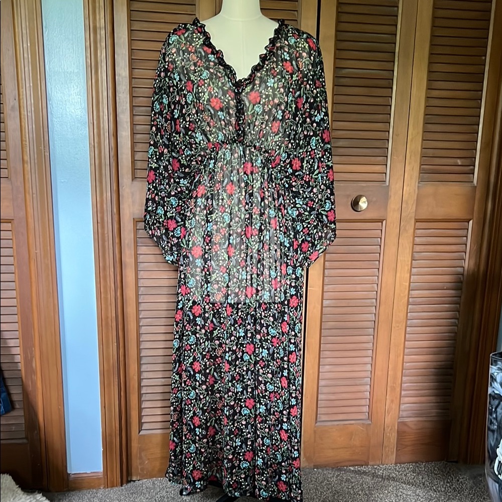Floral Sheer Black Maxi Dress L
